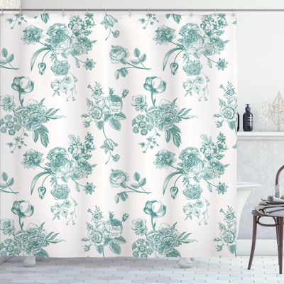 Ambesonne Botanical Shower Curtain, Vintage Floral Pattern Victorian Classic Royal Inspired Plants Modern Art, Cloth Fabric Bathroom Decor Set with Hooks, 69" W x 75" L, Soft Seafoam