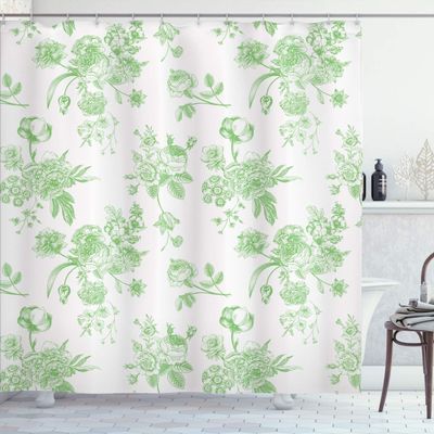Ambesonne Botanical Shower Curtain, Vintage Floral Pattern Victorian Classic Royal Inspired Plants Modern Art, Cloth Fabric Bathroom Decor Set with Hooks, 84" Long Extra, Fern Green