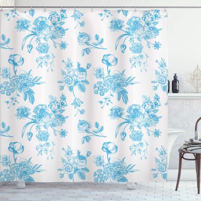 Ambesonne Botanical Shower Curtain, Vintage Floral Pattern Victorian Classic Royal Inspired Plants Modern Art, Cloth Fabric Bathroom Decor Set with Hooks, 84" Long Extra, Sky Blue