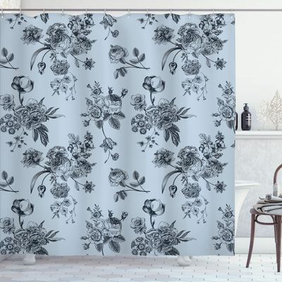 Ambesonne Botanical Shower Curtain, Vintage Floral Pattern Victorian Classic Royal Inspired Plants Modern Art, Cloth Fabric Bathroom Decor Set with Hooks, 69" W x 84" L, Blue Grey