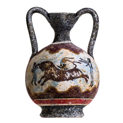 Ancient Greek Minoan Amphora Fresco Bull-Leaping Mural Handmade Ceramic Pottery Vase Small