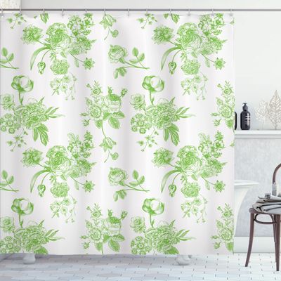 Ambesonne Botanical Shower Curtain, Vintage Floral Pattern Victorian Classic Royal Inspired Plants Modern Art, Cloth Fabric Bathroom Decor Set with Hooks, 69" W x 84" L, Apple Green