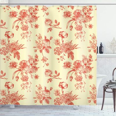 Ambesonne Botanical Shower Curtain, Vintage Floral Pattern Victorian Classic Royal Inspired Plants Modern Art, Cloth Fabric Bathroom Decor Set with Hooks, 84" Long Extra, Salmon
