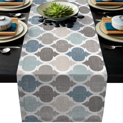 Modern Moroccan Plaid Cotton Linen Table Runner Quatrefoil Geometric Pattern Non-Slip Rectangle Tablecloths Decor for Wedding Party Holiday Dinner Home,Blue Beige Grey Brown,Extra Long 13 x120 inch