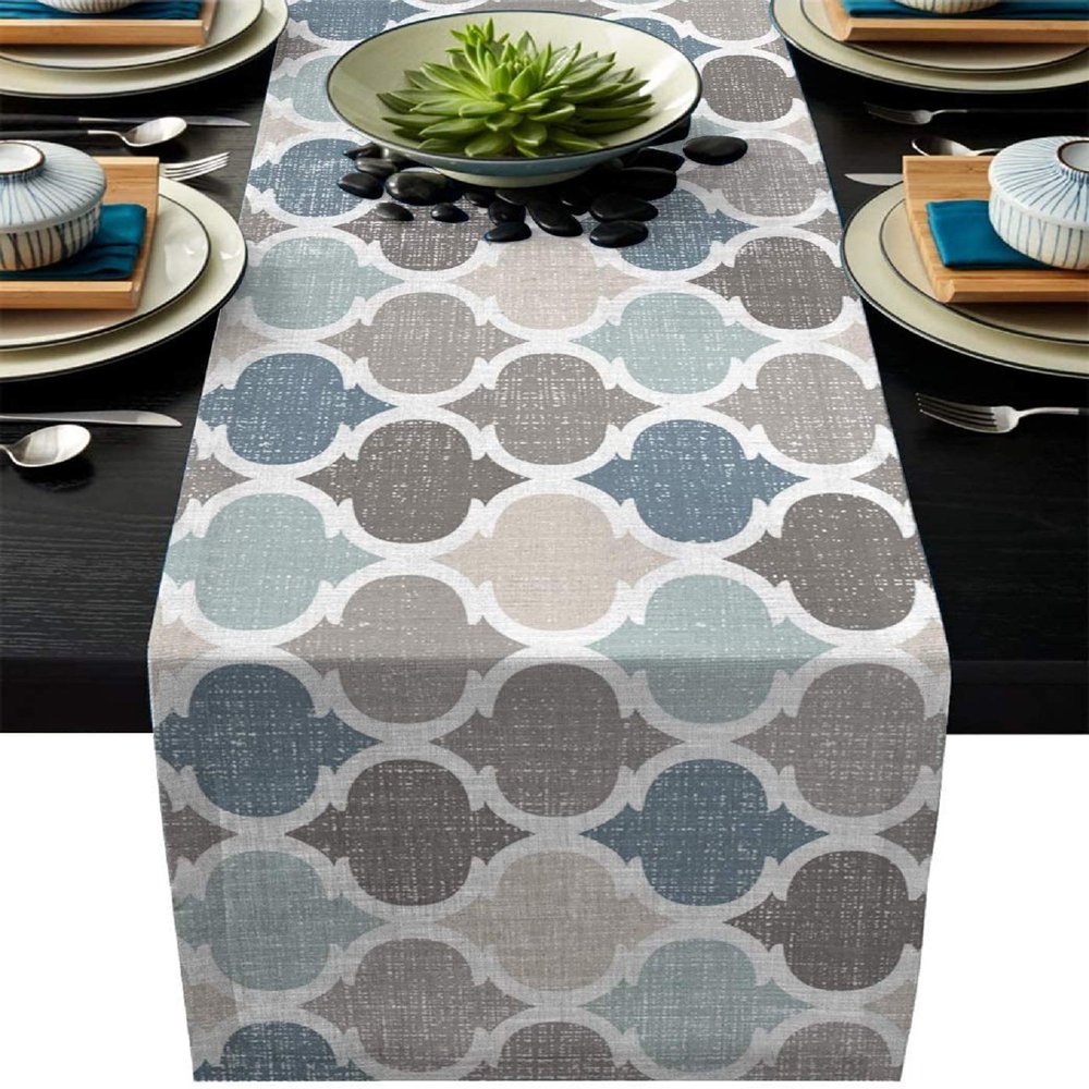 Modern Moroccan Plaid Cotton Linen Table Runner Quatrefoil Geometric Pattern Non-Slip Rectangle Tablecloths Decor for Wedding Party Holiday Dinner Home,Blue Beige Grey Brown,Extra Long 13 x120 inch