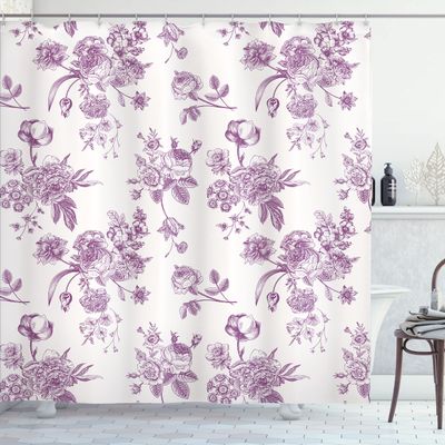 Ambesonne Botanical Shower Curtain, Vintage Floral Pattern Victorian Classic Royal Inspired Plants Modern Art, Cloth Fabric Bathroom Decor Set with Hooks, 69" W x 84" L, Eggplant White