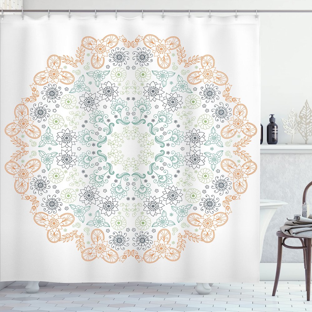 Ambesonne Mandala Shower Curtain, Oriental Inspired Motif Flower Petal and Branches Lace Print, Cloth Fabric Bathroom Decor Set with Hooks, 69" W x 75" L, Peach Grey