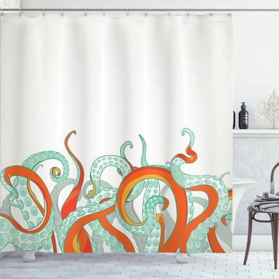 Ambesonne Octopus Shower Curtain, Animal Tentacles Background Underwater Marine Nature and Sea Creatures Nautical, Cloth Fabric Bathroom Decor Set with Hooks, 69" W x 75" L, Vermilion