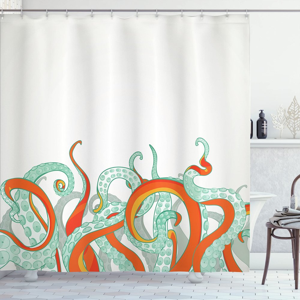 Ambesonne Octopus Shower Curtain, Animal Tentacles Background Underwater Marine Nature and Sea Creatures Nautical, Cloth Fabric Bathroom Decor Set with Hooks, 69" W x 75" L, Vermilion
