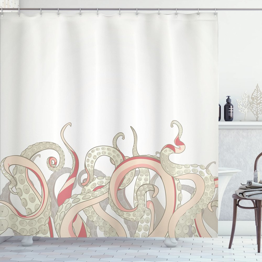 Ambesonne Octopus Shower Curtain, Animal Tentacles Background Underwater Marine Nature and Sea Creatures Nautical, Cloth Fabric Bathroom Decor Set with Hooks, 69" W x 75" L, Dusk Coral