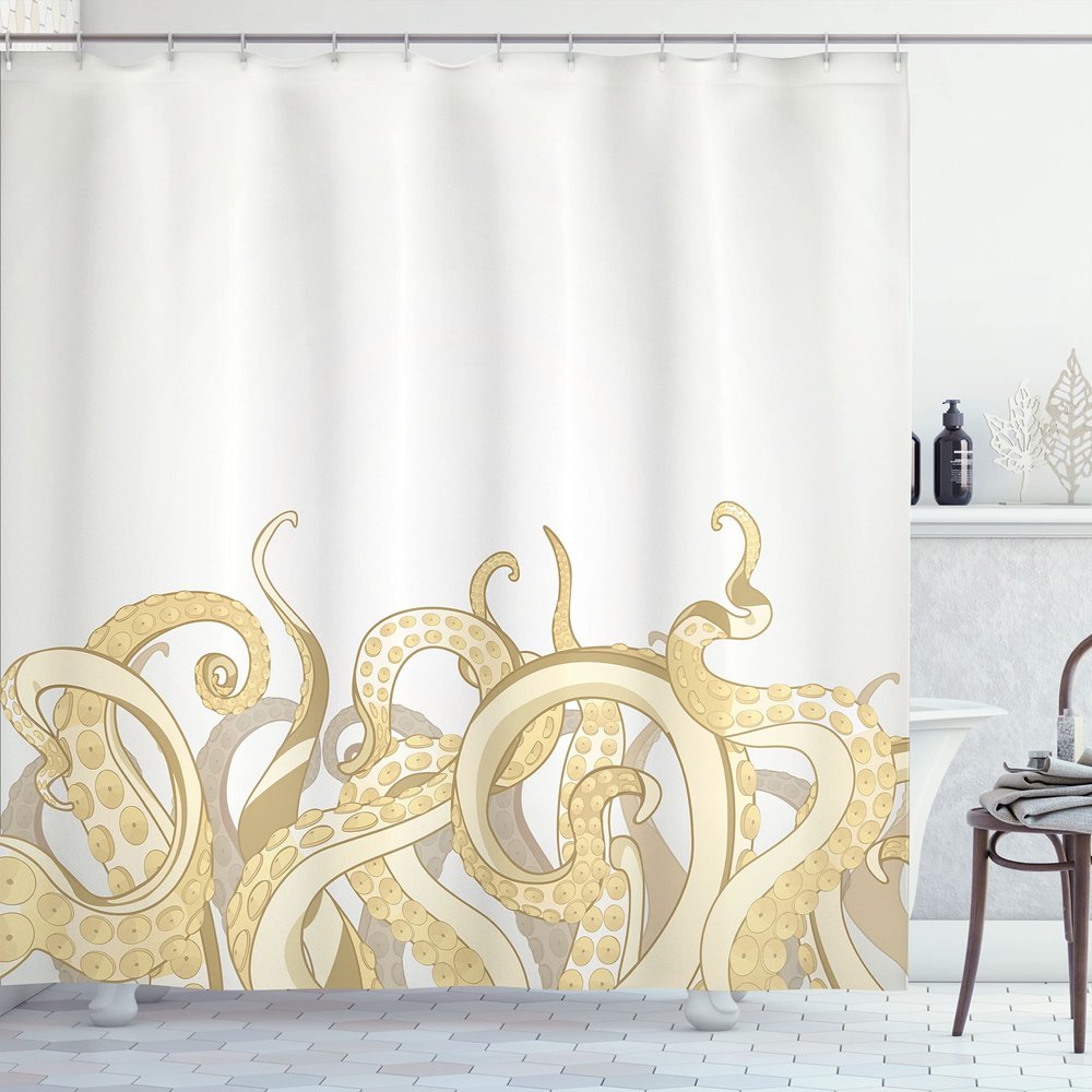 Ambesonne Octopus Shower Curtain, Animal Tentacles Background Underwater Marine Nature and Sea Creatures Nautical, Cloth Fabric Bathroom Decor Set with Hooks, 69" W x 70" L, Pale Yellow