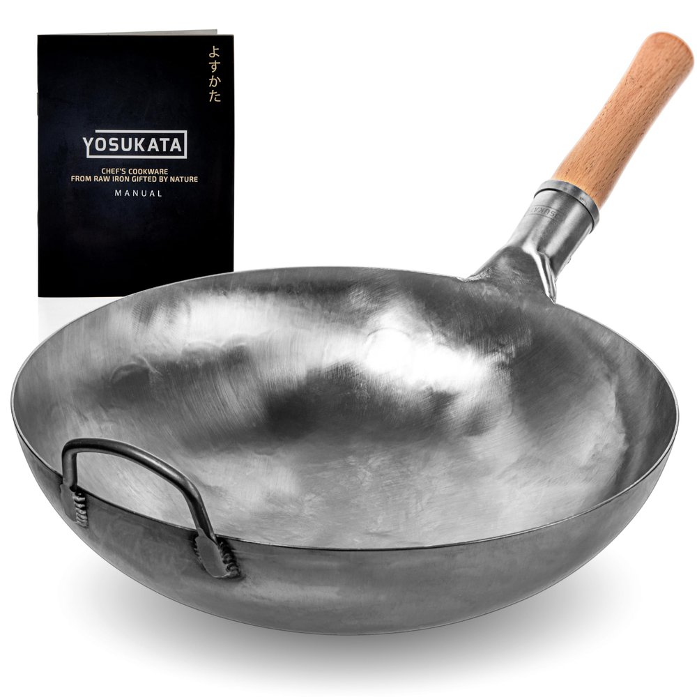 YOSUKATA 14 Round Bottom Carbon Steel Woks and Stir Fry Pans Unseasoned Pow Wok for Stir Fry, BBQ & Camping Hand-Hammered Traditional Japanese and Chinese Pan Gas Stove, Open Fire Only