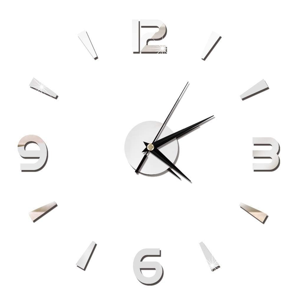 3D Clock Sticker Wall Clock, DIY Modern Wall Clock Large Clock Wall Stickers Clock Decor DIY Clock Kit 3D Wall Clock Mirror Stickers for Home Living Room Bedroom Office Decoration Accessories (Silver)