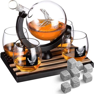 Airforce Whiskey Decanter Set with 4 Liquor Glasses Air Force Whisky Decanter & Glass Set with Wood Base & 9 Whiskey Stones - US Airforce Gift for Men - Globe Bourbon & Scotch Gifts for Dad, HIm Men