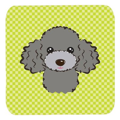 CoolCookware 3.5 x 3.5 in. Checkerboard Lime Green Silver Gray Poodle Foam Coasters44; Set of 4