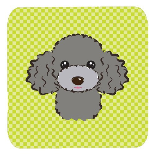 CoolCookware 3.5 x 3.5 in. Checkerboard Lime Green Silver Gray Poodle Foam Coasters44; Set of 4