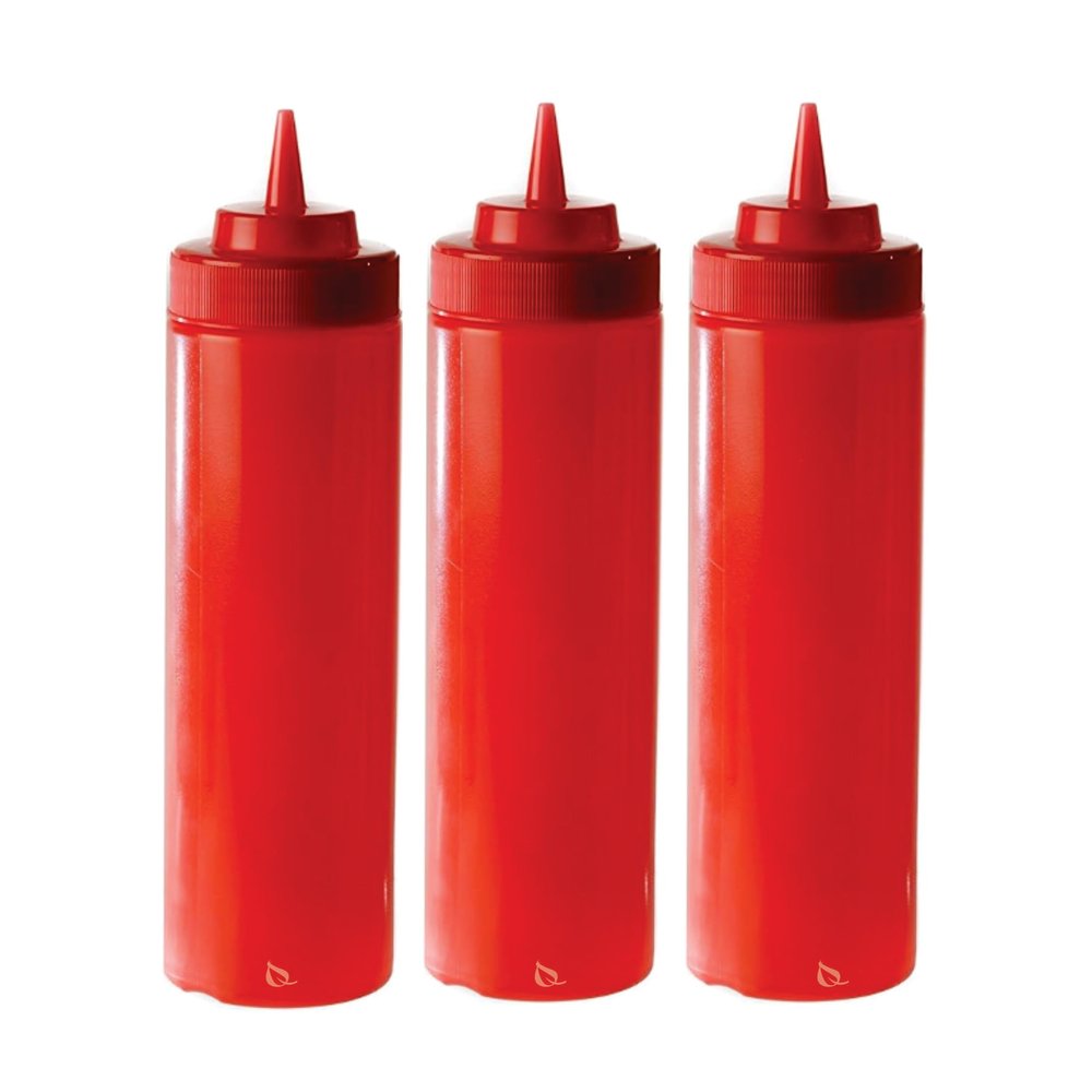 [6 PACK] 24 Oz Red Plastic Condiment Squeeze Bottles Squirt Bottle for Sauces, Dressing, Arts and Crafts, Ketchup, Mustard, Oil, BBQ - Clear Reusable Plastic Containers, BPA Free, Dishwasher Safe