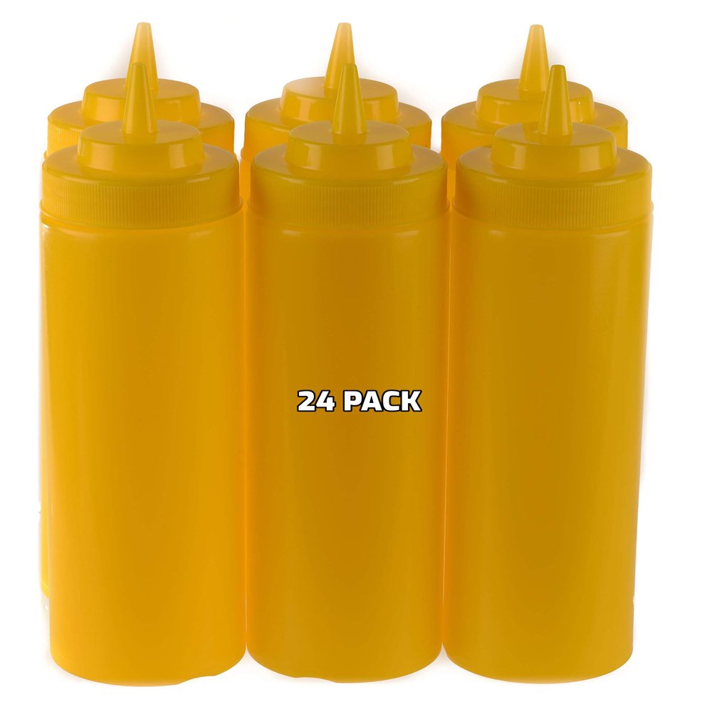 [24 PACK] 24 Oz Yellow Plastic Condiment Squeeze Bottles Squirt Bottle for Sauces, Dressing, Arts and Crafts, Ketchup, Mustard, Oil, BBQ - Clear Reusable Plastic Containers, BPA Free, Dishwasher Safe