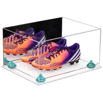 Better Display Cases Acrylic Shoe Display Case - Large Rectangle Box with Mirror Case, Light Blue Risers and Clear Base 15.25" x 12" x 8" (A026/V12)