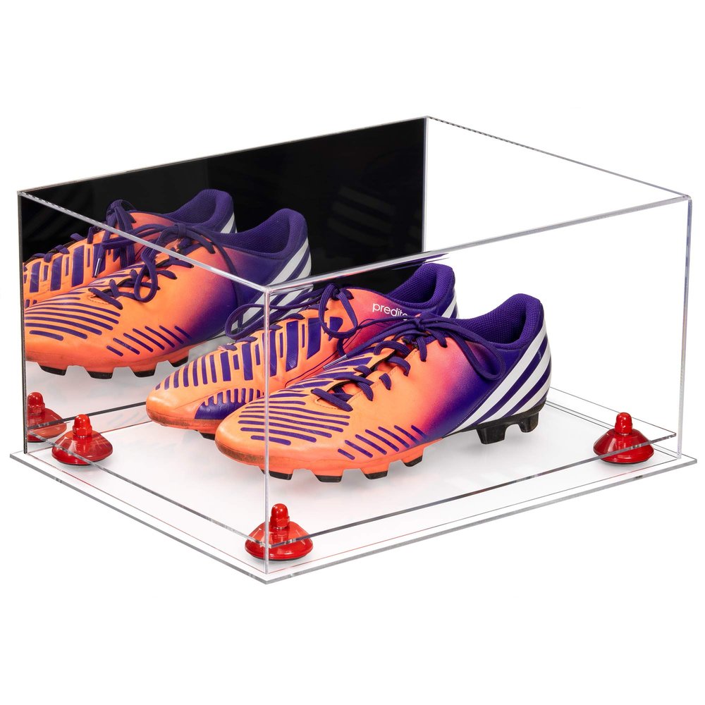Better Display Cases Acrylic Shoe Display Case - Large Rectangle Box with Mirror Case, Red Risers and Clear Base 15.25" x 12" x 8" (A026/V12)