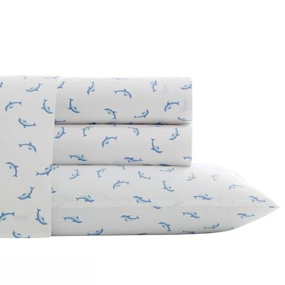 3pc Beach Style 200 Thread Count Cotton Bed Sheets Twin XL Size - with Pillowcase 15-inch Depth Deep Pocket White Fitted Sheets Beautiful Blue Dolphins Print Comfortable Cozy Soft Coastal Bedding Set