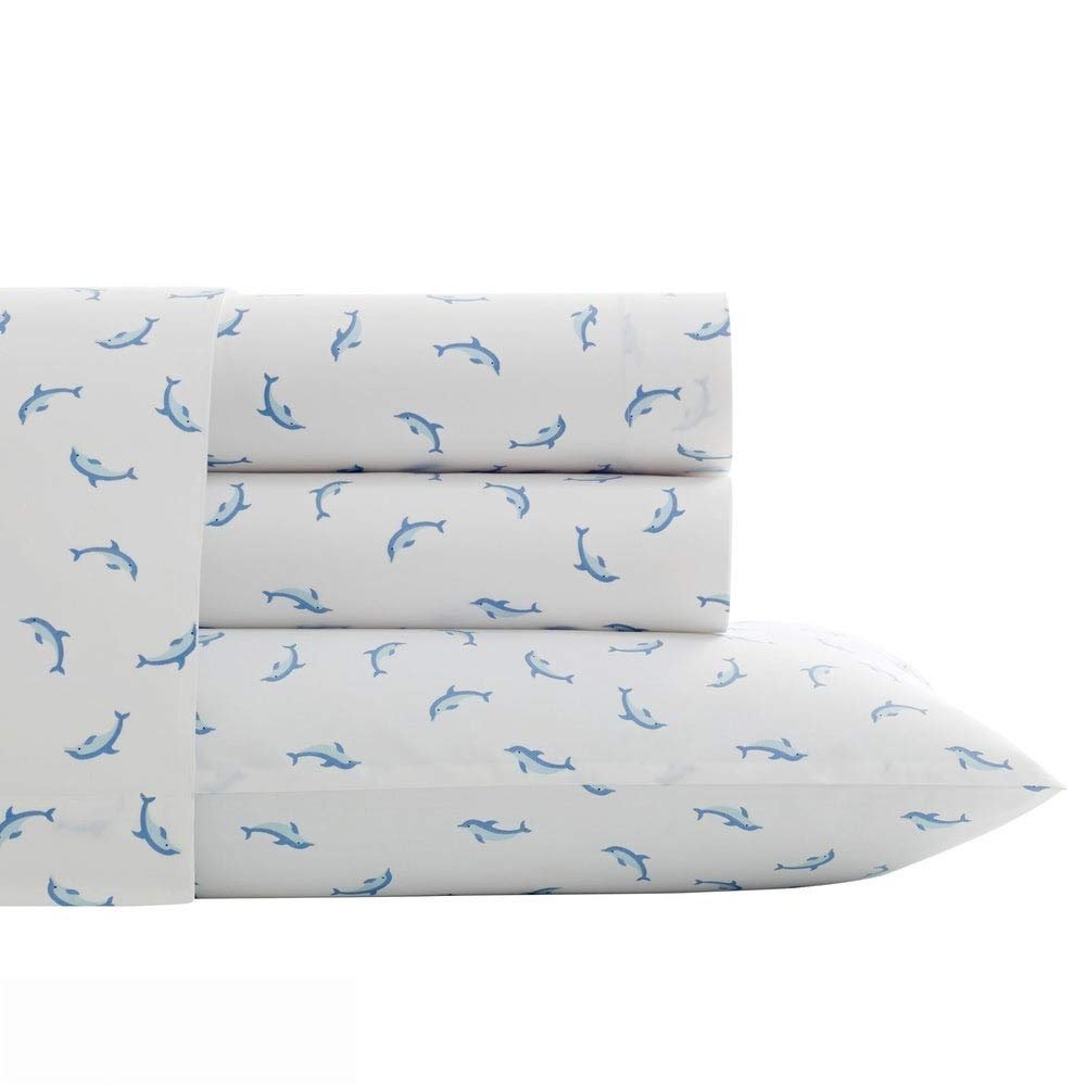 3pc Beach Style 200 Thread Count Cotton Bed Sheets Twin XL Size - with Pillowcase 15-inch Depth Deep Pocket White Fitted Sheets Beautiful Blue Dolphins Print Comfortable Cozy Soft Coastal Bedding Set