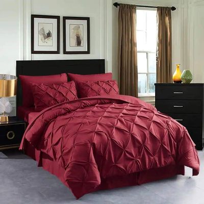8pcs Modern Pintuck Burgundy Red Comforter Set Cal King Size Bed In a Bag | Attractive Pinch Pleated Artistic Diamond Pattern Down Comforter, 100%Brushed Microfiber Comfortable Comfy Cozy Soft Bedding