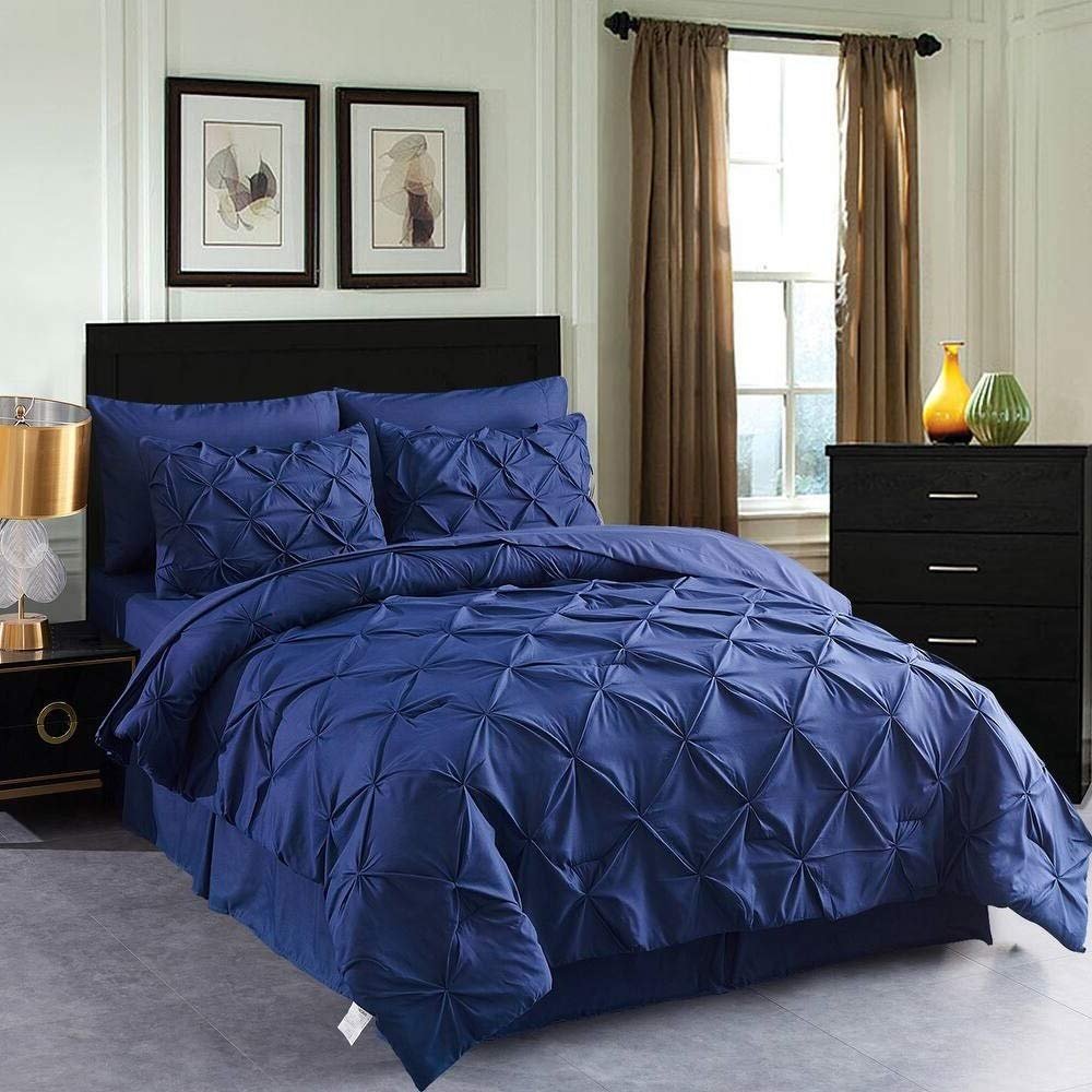 8 Piece Pintuck Navy Blue Comforter Set Cal King Bed In a Bag | Beautiful Pinch Pleated Artistic Diamond Pattern Down Alternative Comforter - Comfortable Warm Soft Cozy Comfy Microfiber Luxury Bedding