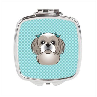 Checkerboard Blue Gray Silver Shih Tzu Compact Mirror44; 2.75 x 3 x .3 In.
