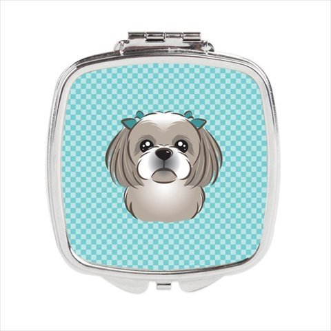 Checkerboard Blue Gray Silver Shih Tzu Compact Mirror44; 2.75 x 3 x .3 In.