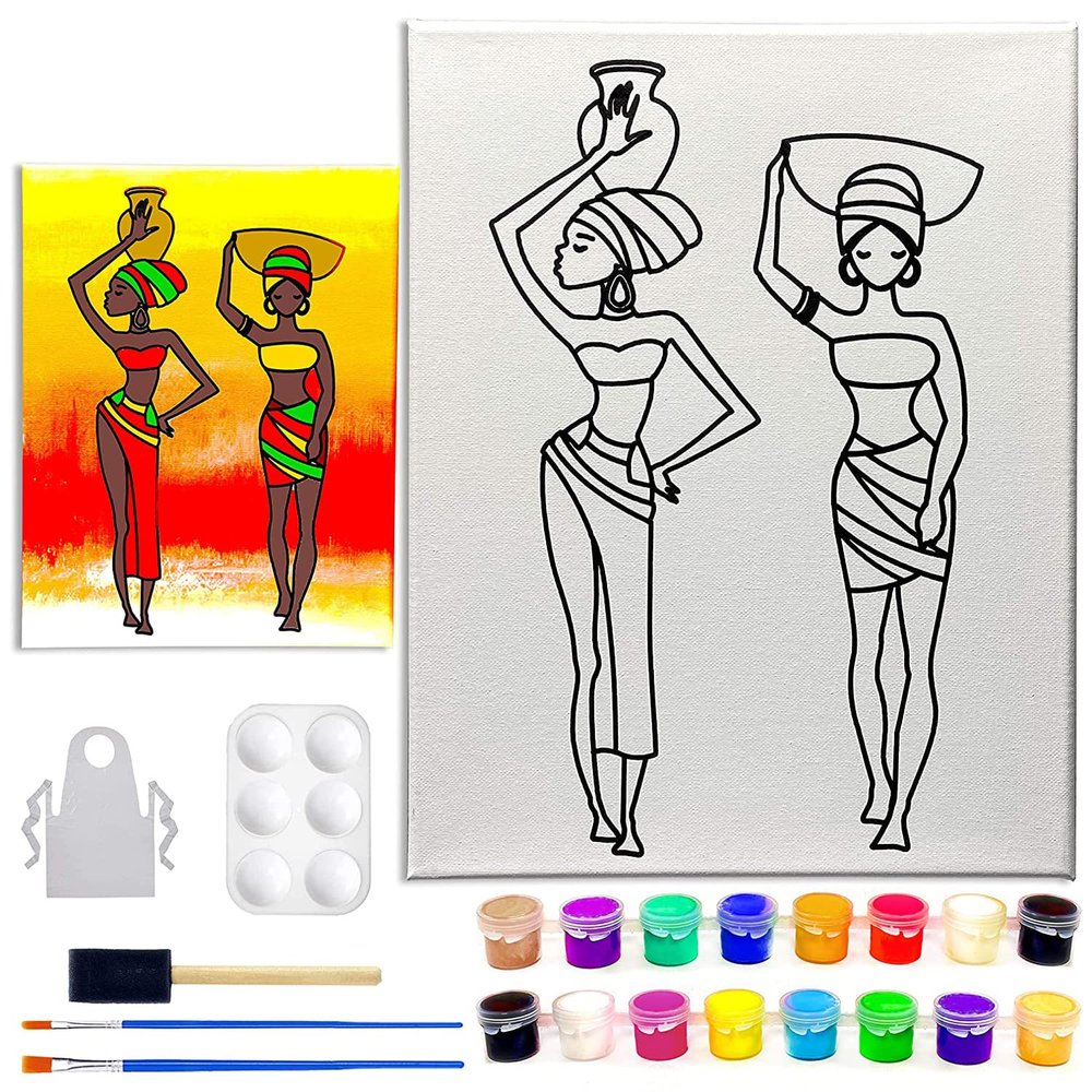 11x14 Canvas Painting Kit African Women Pre Drawn Stretched Canvas Kit | Birthday Gift | Adult Sip and Paint Party Favor | PRIDE