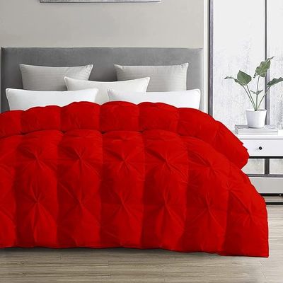 3 Pcs Pinch Pleated Comforter 500 GSM with Corner Tabs 100% Egyptian Cotton Premium Baffle Pintuck Comforter Set All Season Goose Down Red-Full/Queen Comforter with 2 Pillow Shams