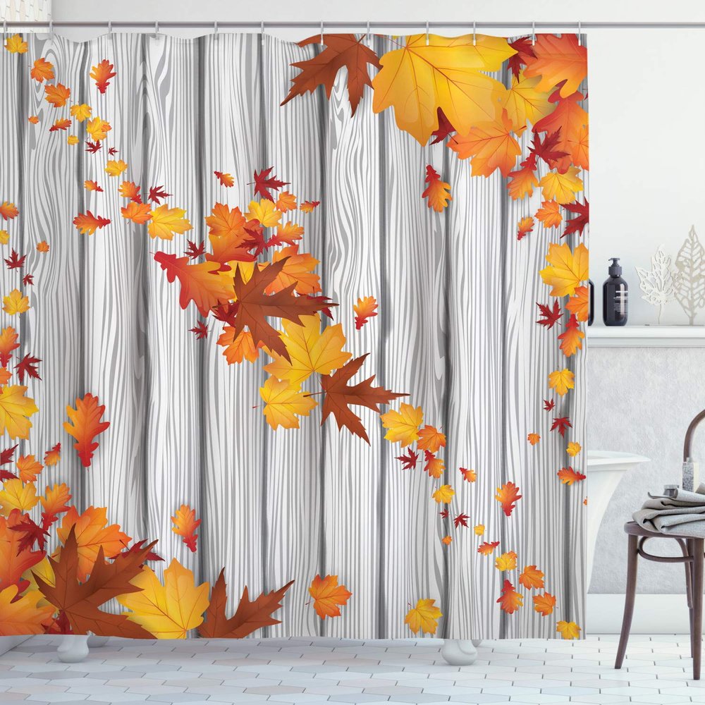 Ambesonne Autumn Shower Curtain, Fall Maple Leafs Tree Diagonal Leaves Foliage Rustic Wooden Planks, Cloth Fabric Bathroom Decor Set with Hooks, 69" W x 84" L, Yellow Orange