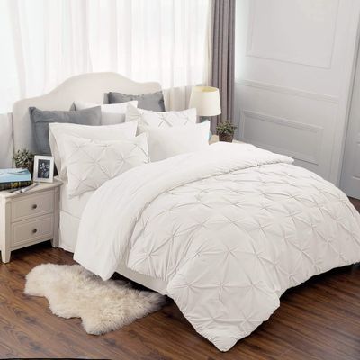 8 Pcs Ivory Oversized King Size Bedding Set, Silky Complete Set Includes 1 Pinch Pleat Comforter, 2 Pillow Shams, Flat Sheet, Fitted Sheet, Bed Skirt, 2 Pillowcases Fit Mattress Upto 18'' Deep