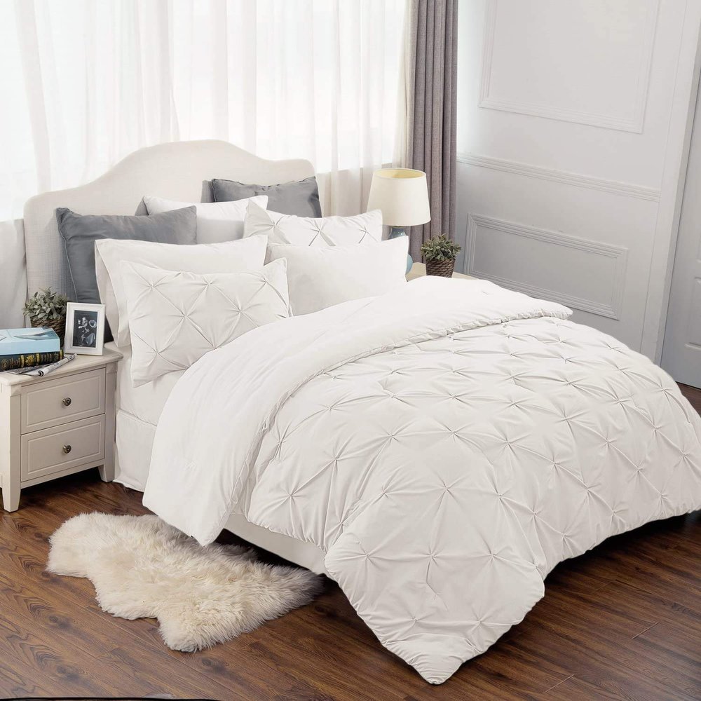 8 Pcs Ivory Oversized King Size Bedding Set, Silky Complete Set Includes 1 Pinch Pleat Comforter, 2 Pillow Shams, Flat Sheet, Fitted Sheet, Bed Skirt, 2 Pillowcases Fit Mattress Upto 18'' Deep