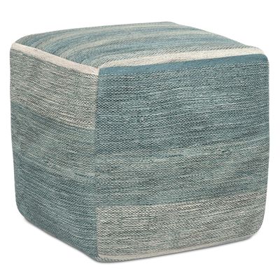 SIMPLIHOME Naya Cube Pouf - 16 inch Wide Upholstered Handwoven Cotton Ottoman in Blue Melange, Boho Footstool or Extra Seating for Living Room or Bedroom with Polystyrene Filling, Assembled
