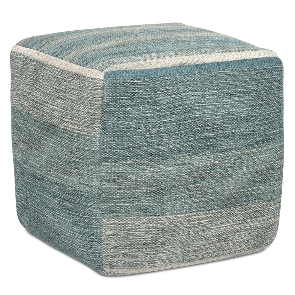 SIMPLIHOME Naya Cube Pouf - 16 inch Wide Upholstered Handwoven Cotton Ottoman in Blue Melange, Boho Footstool or Extra Seating for Living Room or Bedroom with Polystyrene Filling, Assembled