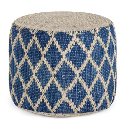SIMPLIHOME Edgeley Round Pouf - 18 inch Wide Handwoven Jute and Cotton Ottoman in Classic Blue and Natural, Boho-Style Footstool or Extra Seating for Living Room, Bedroom, or Kids Room, Assembled