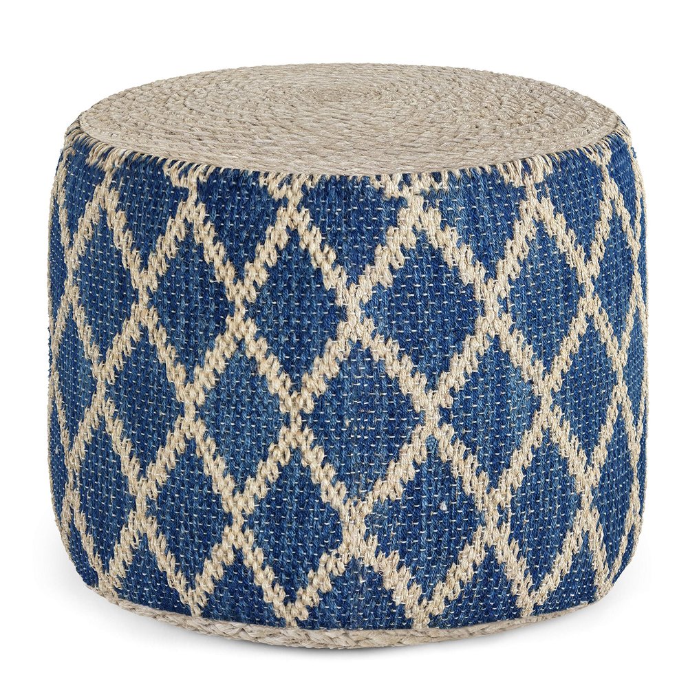 SIMPLIHOME Edgeley Round Pouf - 18 inch Wide Handwoven Jute and Cotton Ottoman in Classic Blue and Natural, Boho-Style Footstool or Extra Seating for Living Room, Bedroom, or Kids Room, Assembled
