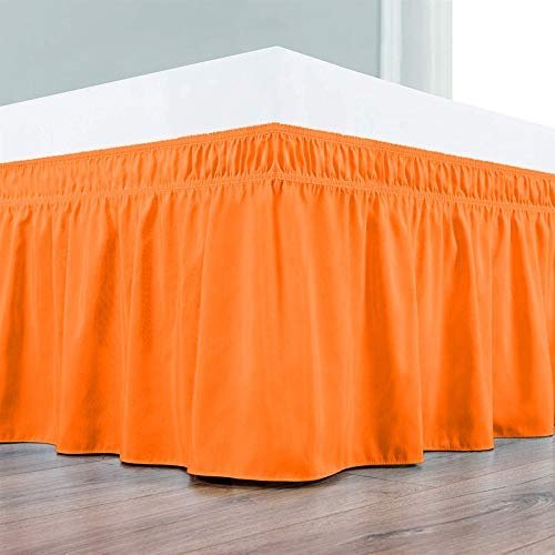 Wrap Around Bed Skirts Elastic Dust Ruffles, Easy Fit Wrinkle and Fade Resistant Silky Microfiber Fabric Solid Color Bedskirt, 21 Inch Tailored Drop Orange for Olympic Queen Size Bed Skirt