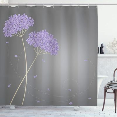 Ambesonne Allium Flower Shower Curtain, Floral Design with Swirl Lines Falling Leaves Autumn Inspired, Cloth Fabric Bathroom Decor Set with Hooks, 69" W x 75" L, Lavender Blue