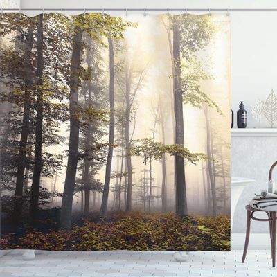 Ambesonne Forest Shower Curtain, Autumn Season Mystic Foggy Fall Nature and Enchanted Woods Wild Trees Print, Cloth Fabric Bathroom Decor Set with Hooks, 69" W x 84" L, Pale Green