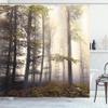 Ambesonne Forest Shower Curtain, Autumn Season Mystic Foggy Fall Nature and Enchanted Woods Wild Trees Print, Cloth Fabric Bathroom Decor Set with Hooks, 69" W x 84" L, Pale Green view 1