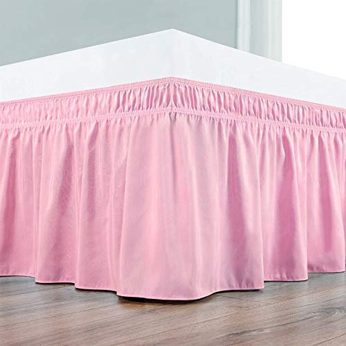 Wrap Around Bed Skirts Elastic Dust Ruffles, Easy Fit Wrinkle Free 800 Thread Count 100% Cotton Hotel Quality Bedskirt, 18 Inch Tailored Drop Pink for Twin Size Bed Skirt