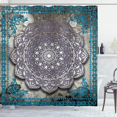 Ambesonne Ethnic Shower Curtain, Mystic Mandala Culture Karma Calmness and Harmony Boho Design, Cloth Fabric Bathroom Decor Set with Hooks, 69" W x 84" L, Azure Blue