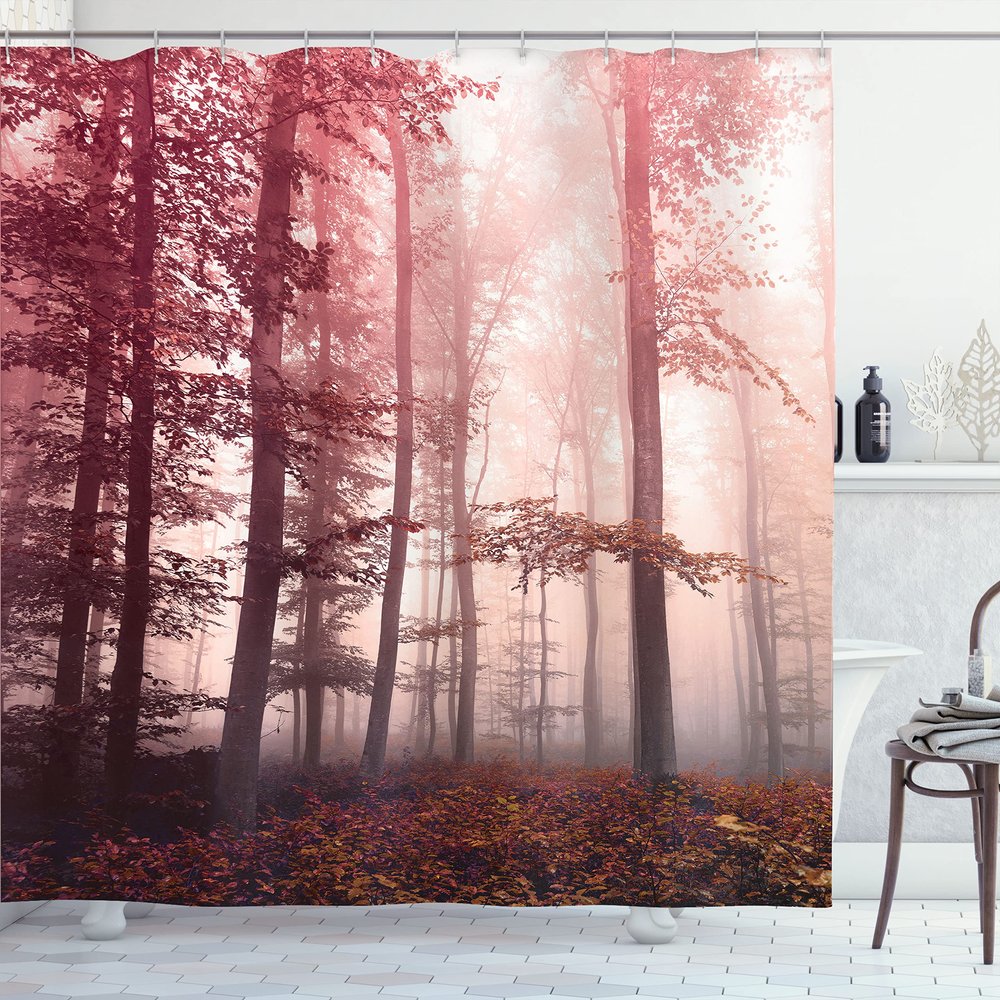 Ambesonne Forest Shower Curtain, Autumn Season Mystic Foggy Fall Nature and Enchanted Woods Wild Trees Print, Cloth Fabric Bathroom Decor Set with Hooks, 69" W x 70" L, Pale Ruby