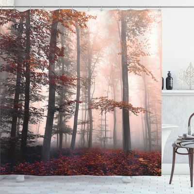 Ambesonne Forest Shower Curtain, Autumn Season Mystic Foggy Fall Nature and Enchanted Woods Wild Trees Print, Cloth Fabric Bathroom Decor Set with Hooks, 69" W x 84" L, Pale Peach