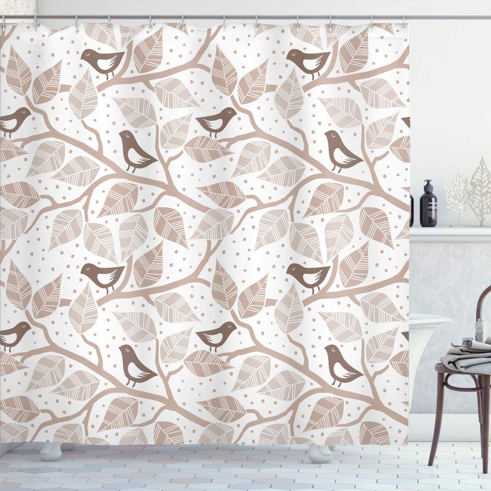 Ambesonne Branches Shower Curtain, Birds on The Branch Pastel Leaves Dotted Background Nature Art Print, Cloth Fabric Bathroom Decor Set with Hooks, 69" W x 84" L, Dark Taupe