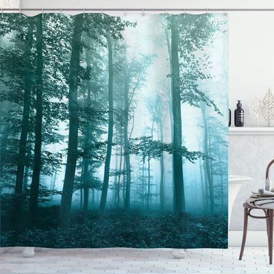 Ambesonne Forest Shower Curtain, Autumn Season Mystic Foggy Fall Nature and Enchanted Woods Wild Trees Print, Cloth Fabric Bathroom Decor Set with Hooks, 69" W x 84" L, Pale Turquoise
