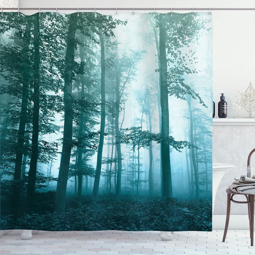 Ambesonne Forest Shower Curtain, Autumn Season Mystic Foggy Fall Nature and Enchanted Woods Wild Trees Print, Cloth Fabric Bathroom Decor Set with Hooks, 69" W x 84" L, Pale Turquoise